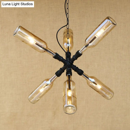 Clear/Blue Glass Pendant Light With Industrial Style Design - Pipe Fixture In Black/Aged Brass 2/4/6