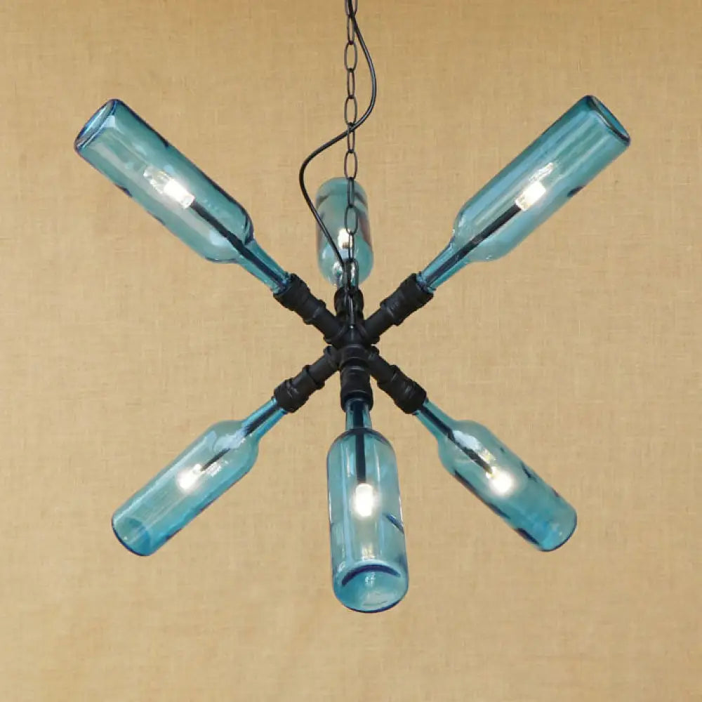 Clear/Blue Glass Pendant Light Bottle Shade - Industrial Style Ceiling Fixture (2/4/6 Lights) With