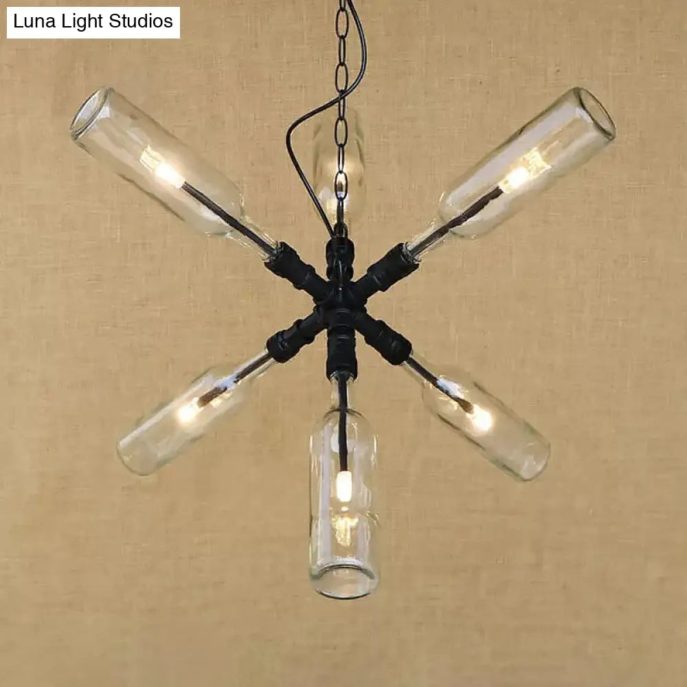 Clear/Blue Glass Pendant Light With Industrial Style Design - Pipe Fixture In Black/Aged Brass 2/4/6