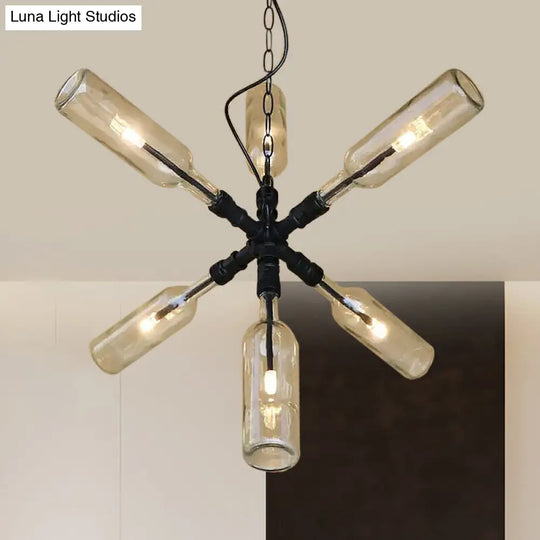 Clear/Blue Glass Pendant Light With Industrial Style Design - Pipe Fixture In Black/Aged Brass 2/4/6