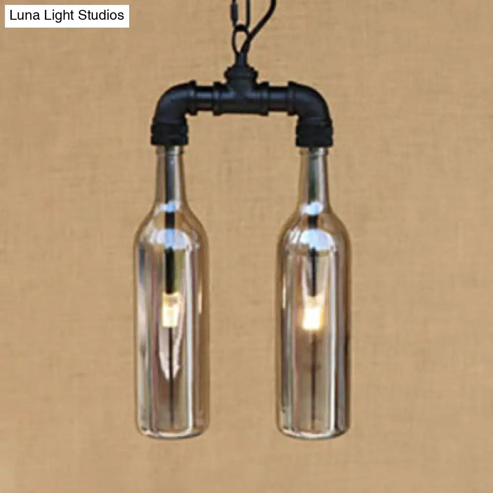 Clear/Blue Glass Pendant Light With Industrial Style Design - Pipe Fixture In Black/Aged Brass 2/4/6