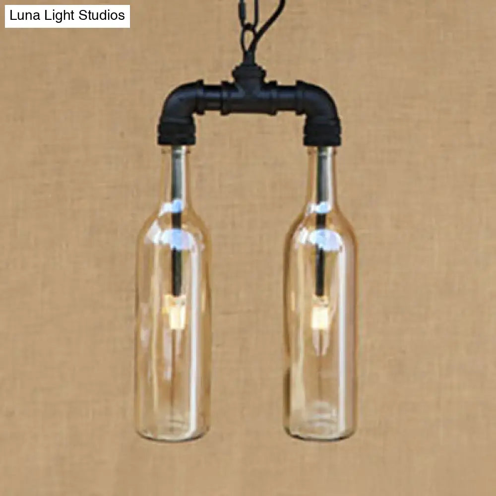 Clear/Blue Glass Pendant Light With Industrial Style Design - Pipe Fixture In Black/Aged Brass 2/4/6