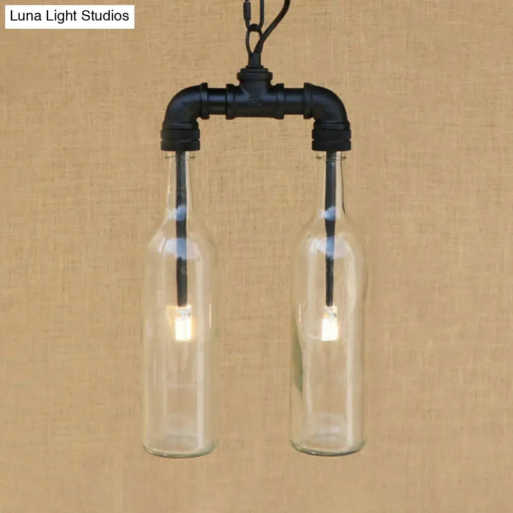 Clear/Blue Glass Pendant Light With Industrial Style Design - Pipe Fixture In Black/Aged Brass 2/4/6