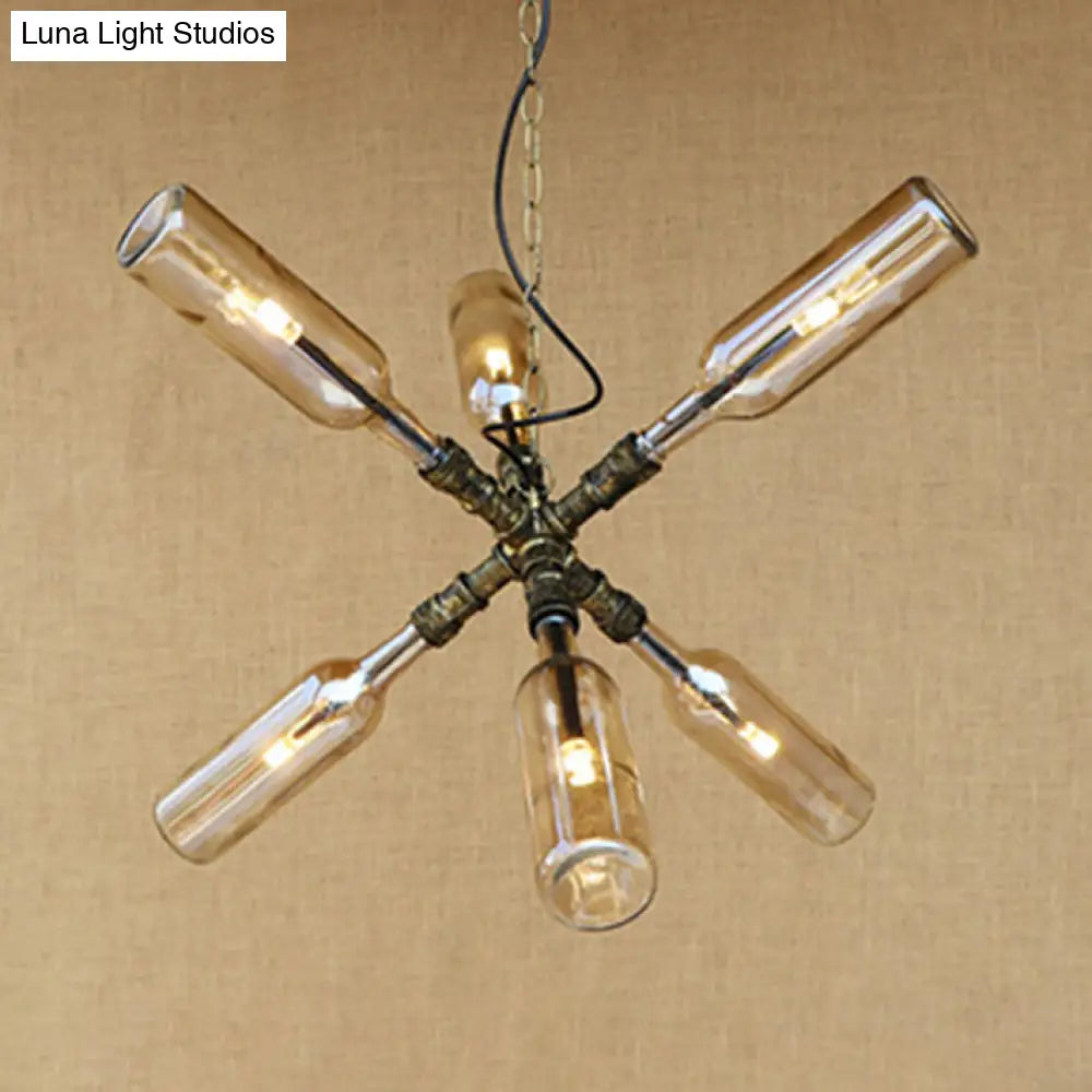 Clear/Blue Glass Pendant Light With Industrial Style Design - Pipe Fixture In Black/Aged Brass 2/4/6