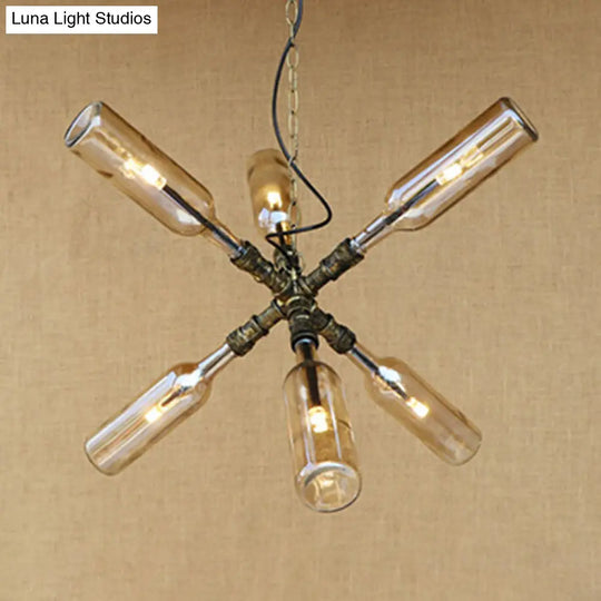 Clear/Blue Glass Pendant Light With Industrial Style Design - Pipe Fixture In Black/Aged Brass 2/4/6