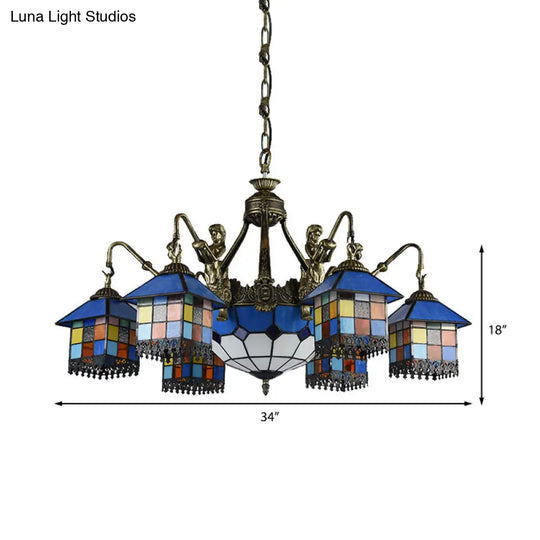 Clear/Blue Stained Glass Chandelier - Tiffany Pendant Lighting With 9 Lights For Dining Room