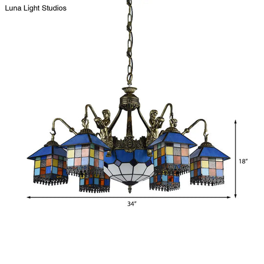 Clear/Blue Stained Glass Chandelier With 9 Tiffany Pendant Lights For Dining Room