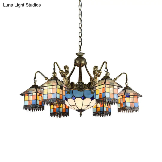 Clear/Blue Stained Glass Chandelier With 9 Tiffany Pendant Lights For Dining Room