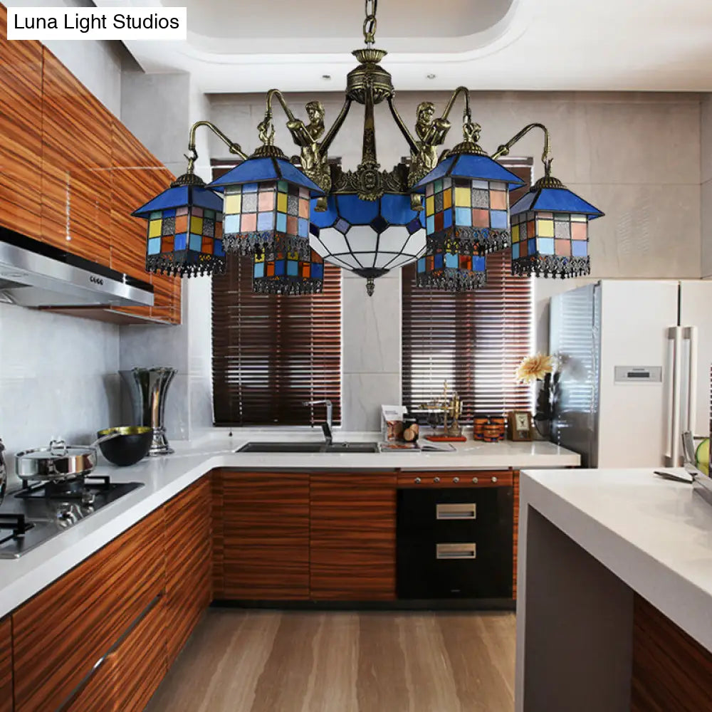 Clear/Blue Stained Glass Chandelier - Tiffany Pendant Lighting With 9 Lights For Dining Room Blue