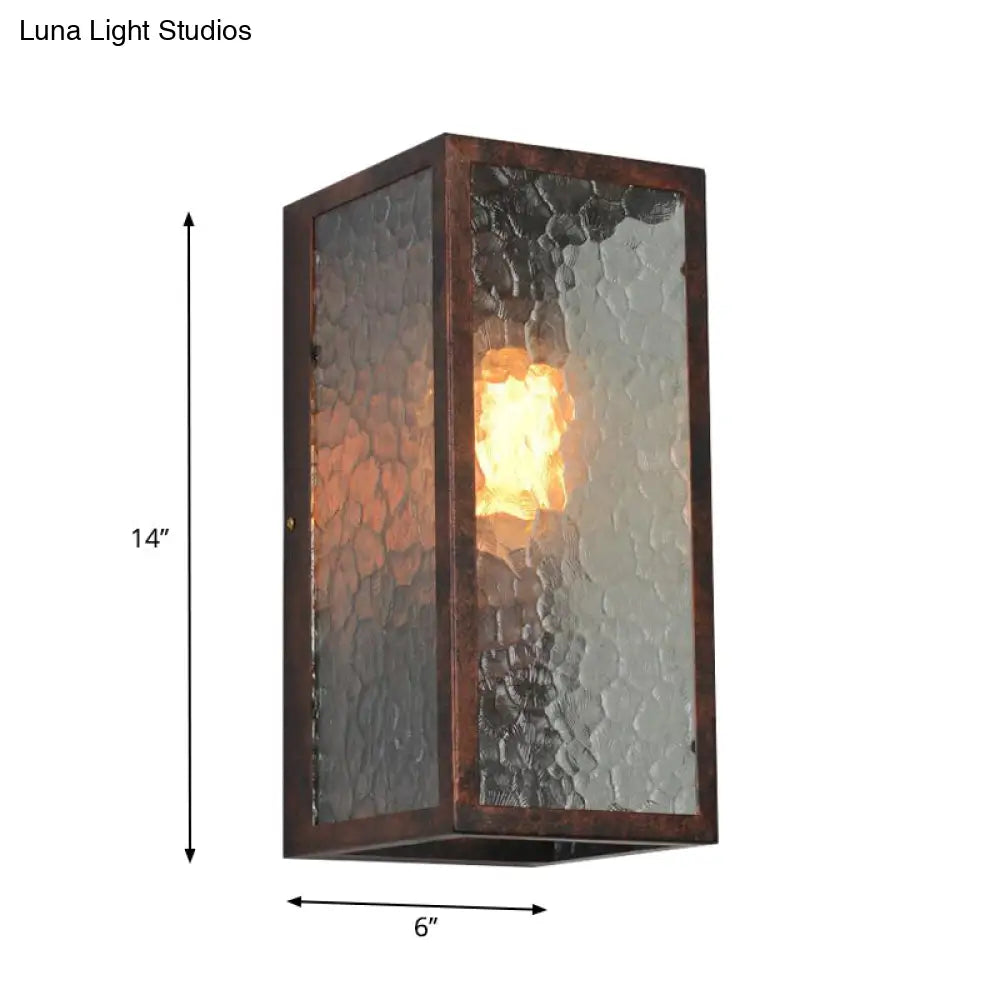 Clear Cracked Glass Rectangle Restaurant Sconce Lamp In Weathered Copper