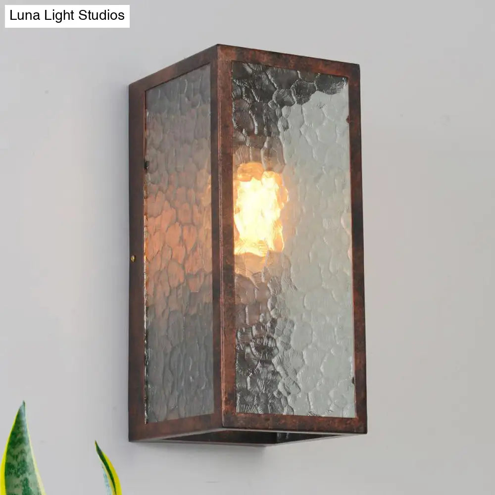 Clear Cracked Glass Rectangle Restaurant Sconce Lamp In Weathered Copper