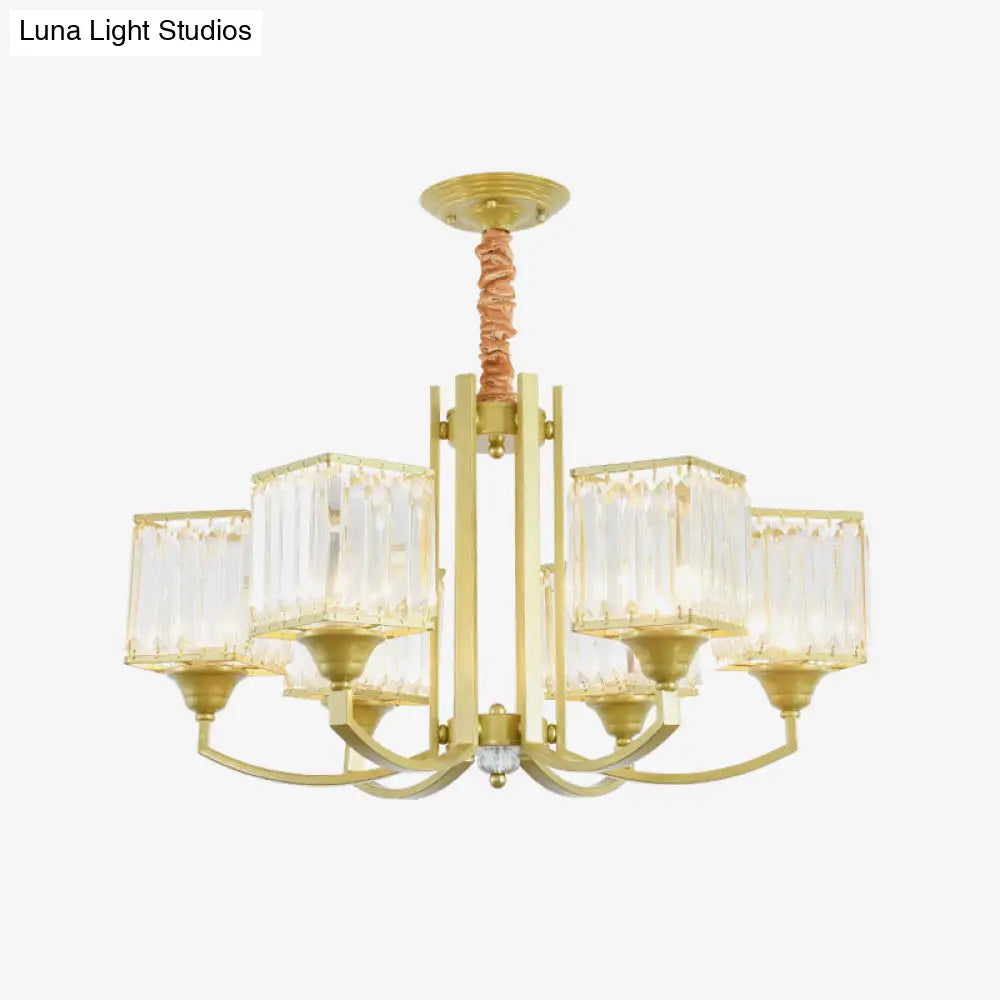 Clear Crystal Ceiling Pendant Chandelier With Gold Arm - Contemporary Design Cubic Shade 3/6 Bulbs