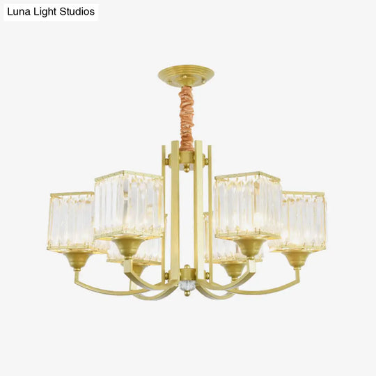 Clear Crystal Ceiling Pendant Chandelier With Gold Arm - Contemporary Design Cubic Shade 3/6 Bulbs