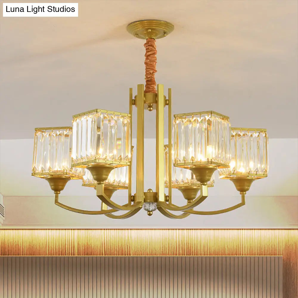 Clear Crystal Ceiling Pendant Chandelier With Gold Arm - Contemporary Design Cubic Shade 3/6 Bulbs