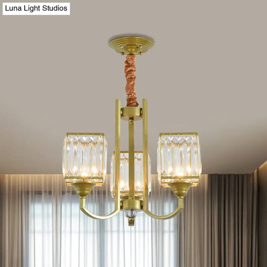 Clear Crystal Ceiling Pendant Chandelier With Gold Arm - Contemporary Design Cubic Shade 3/6 Bulbs