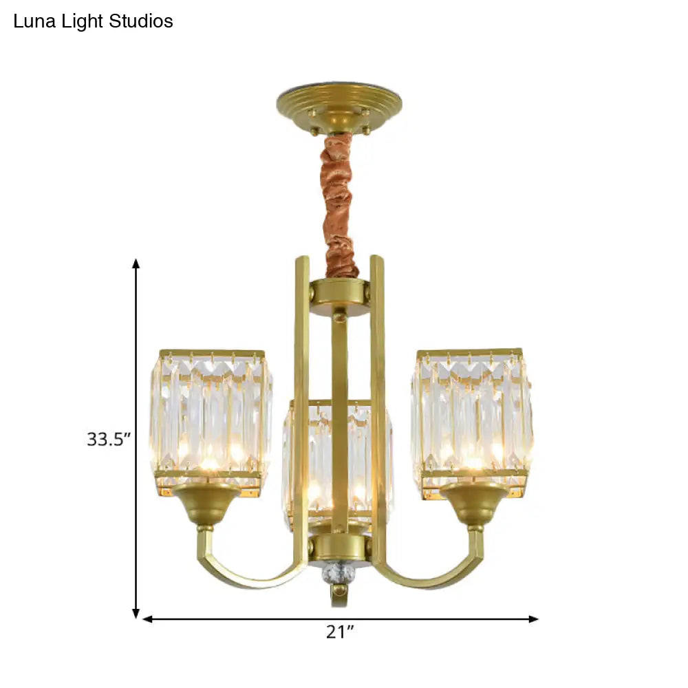 Clear Crystal Ceiling Pendant Chandelier With Gold Arm - Contemporary Design Cubic Shade 3/6 Bulbs