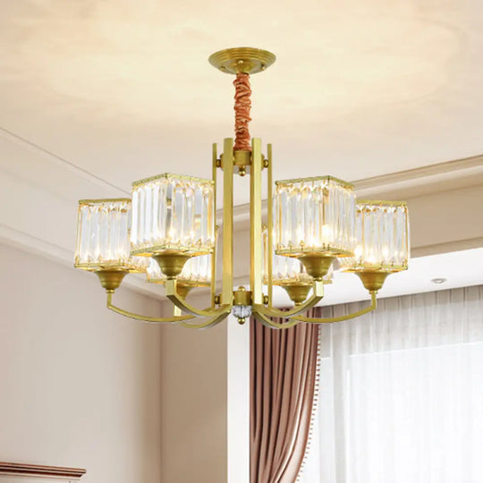 Clear Crystal Ceiling Pendant Chandelier With Gold Arm - Contemporary Design Cubic Shade 3/6 Bulbs