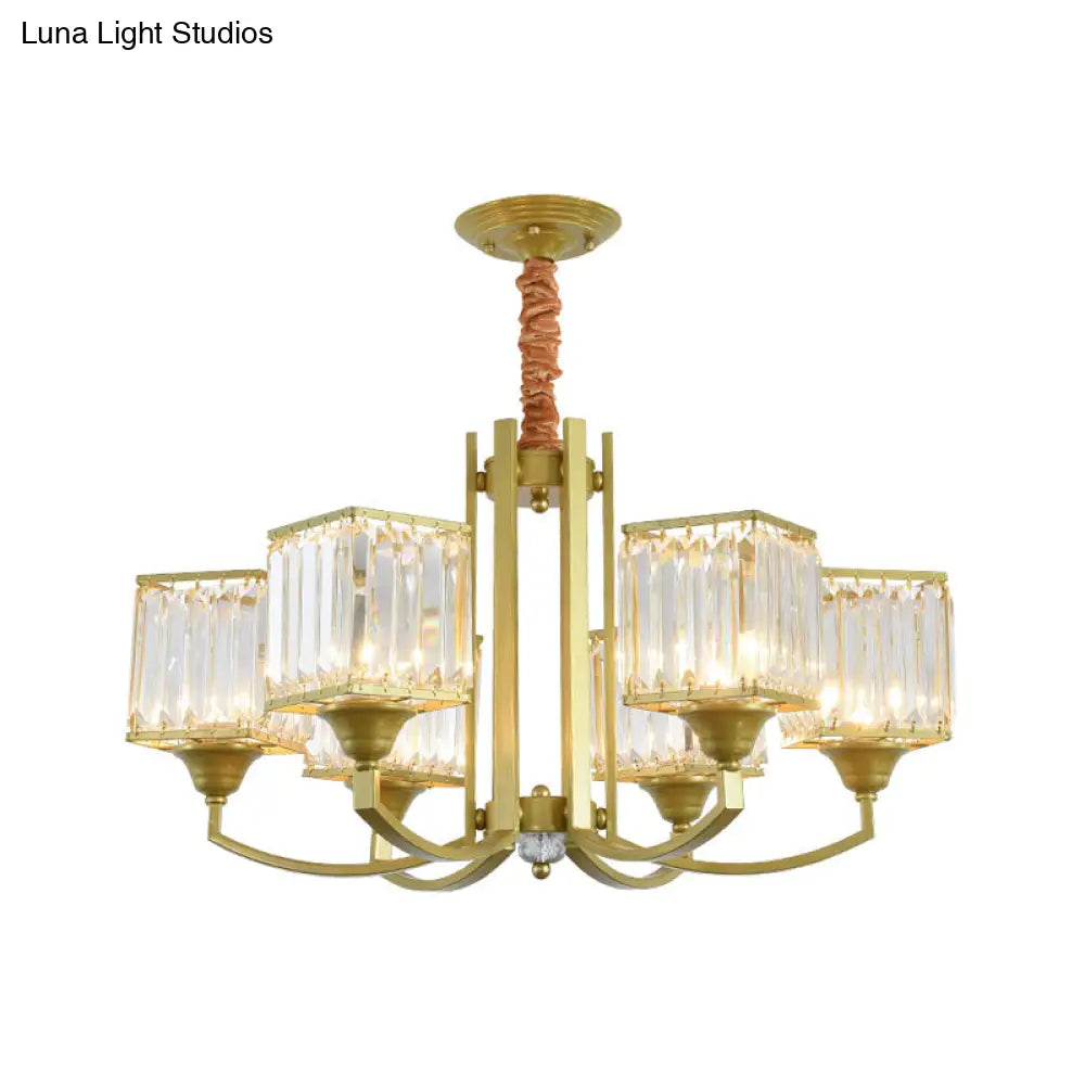 Clear Crystal Ceiling Pendant Chandelier With Gold Arm - Contemporary Design Cubic Shade 3/6 Bulbs