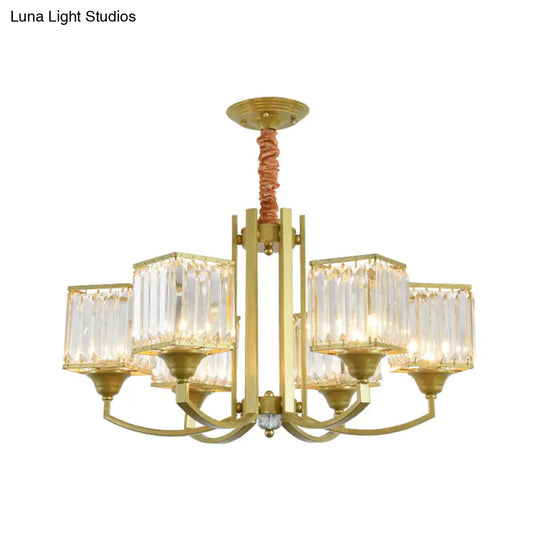 Clear Crystal Ceiling Pendant Chandelier With Gold Arm - Contemporary Design Cubic Shade 3/6 Bulbs