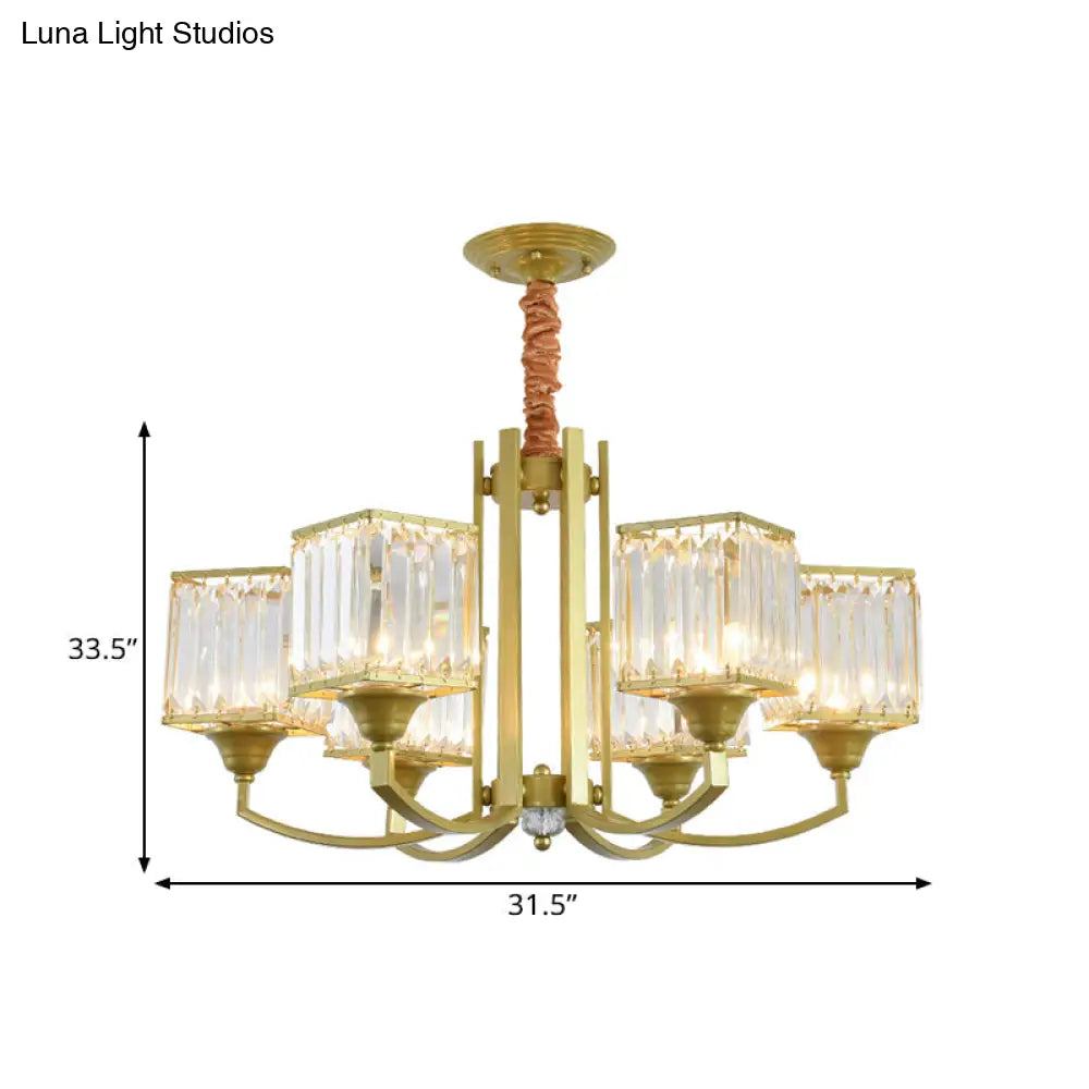 Clear Crystal Ceiling Pendant Chandelier With Gold Arm - Contemporary Design Cubic Shade 3/6 Bulbs