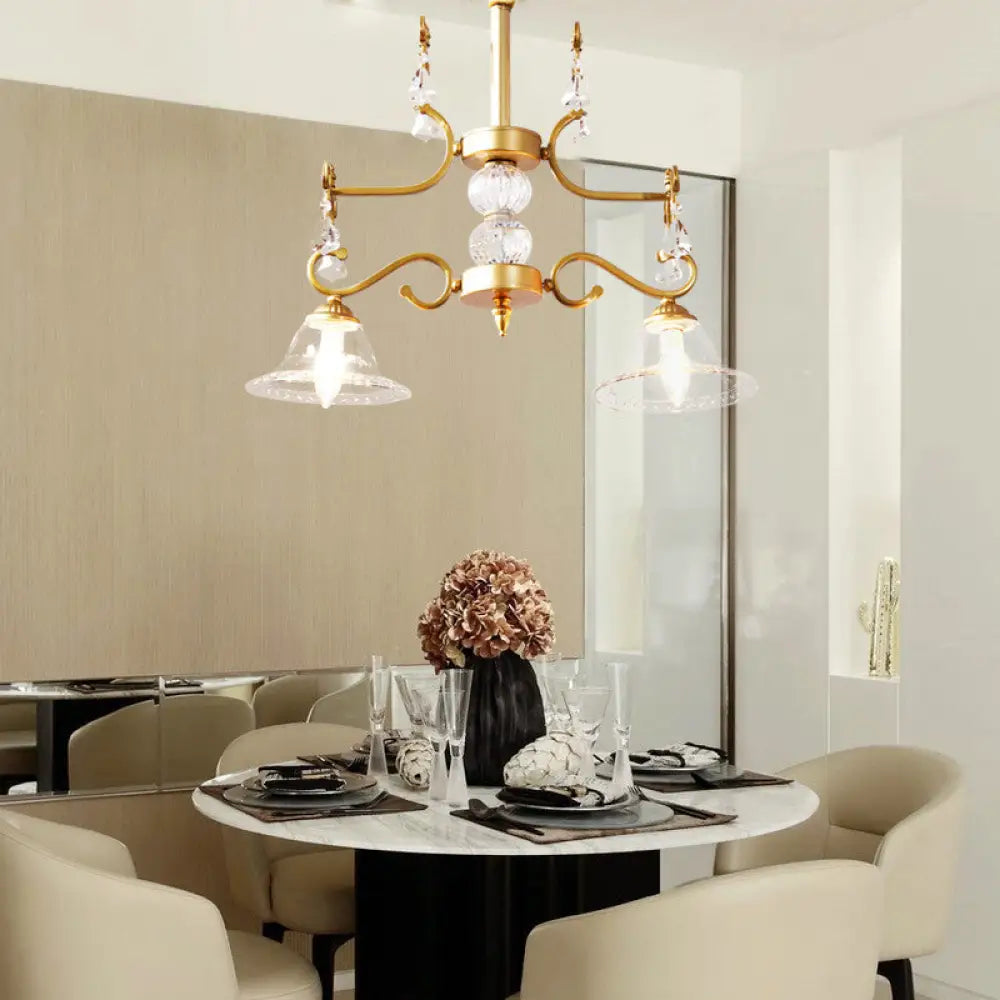 Clear Crystal Chandelier Light Fixture - Modern Bell Shade Hanging Lamp In Gold 2 Bulbs For Dining