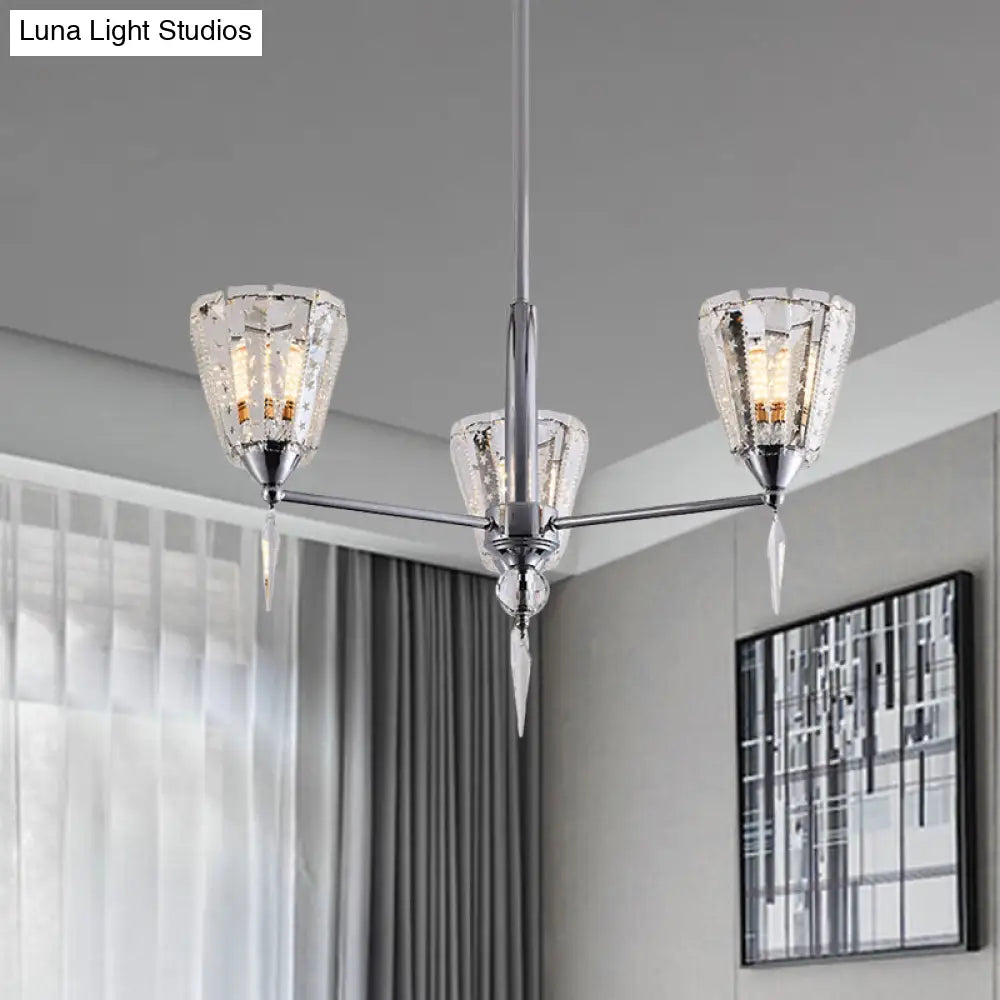 Clear Crystal Cone Shade Chandelier With Straight Metal Arms In Chrome