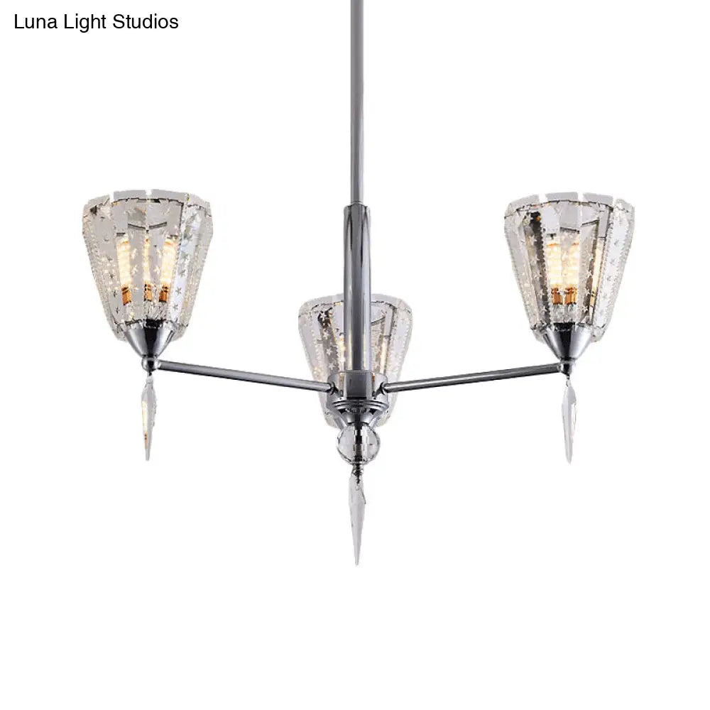 Clear Crystal Cone Shade Chandelier With Straight Metal Arms In Chrome