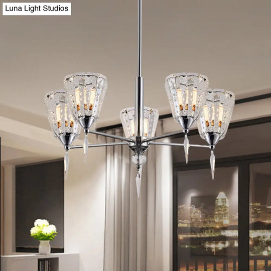 Clear Crystal Cone Shade Chandelier With Straight Metal Arms In Chrome