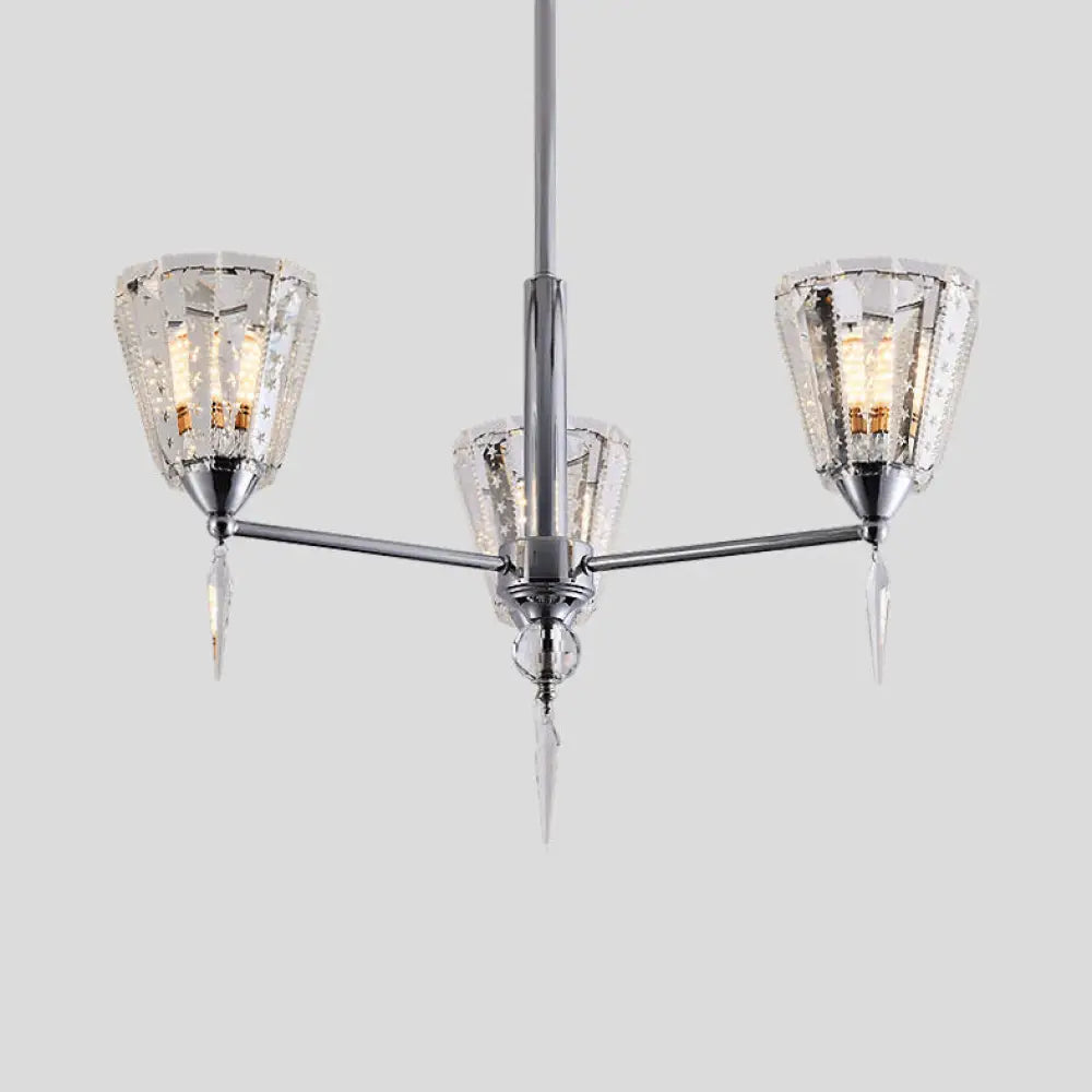 Clear Crystal Cone Shade Chandelier With Straight Metal Arms In Chrome 3 /