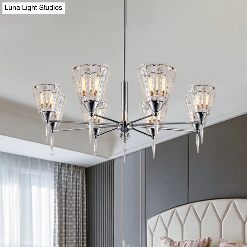 Clear Crystal Cone Shade Chandelier With Straight Metal Arms In Chrome