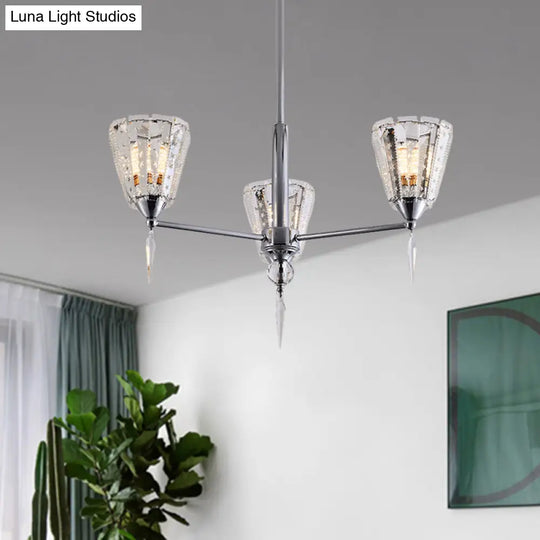 Clear Crystal Cone Shade Chandelier With Straight Metal Arms In Chrome