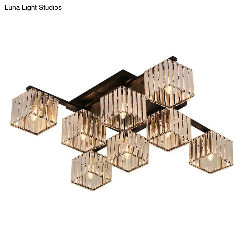 Clear Crystal Cube Living Room Flush Mount Ceiling Light With 8 Bulbs - Simplicity And Style