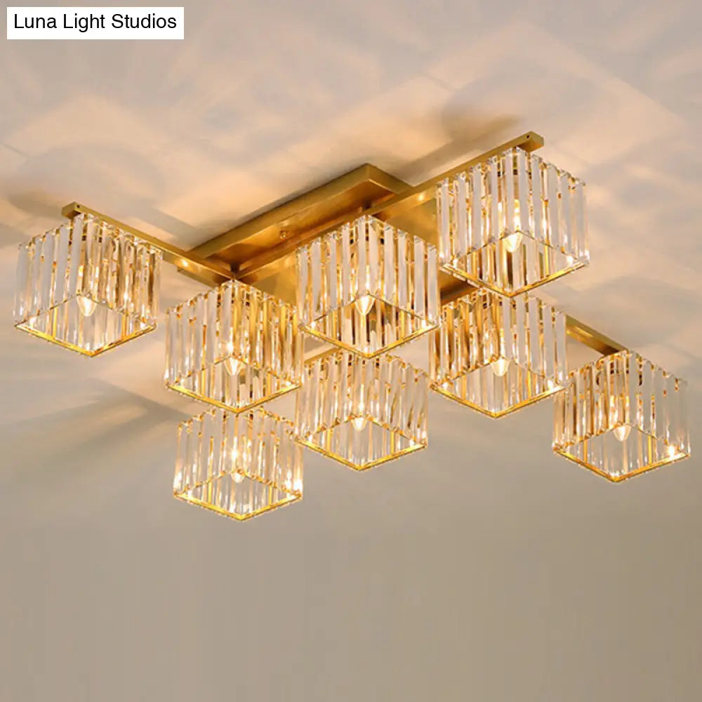 Clear Crystal Cube Living Room Flush Mount Ceiling Light With 8 Bulbs - Simplicity And Style Gold