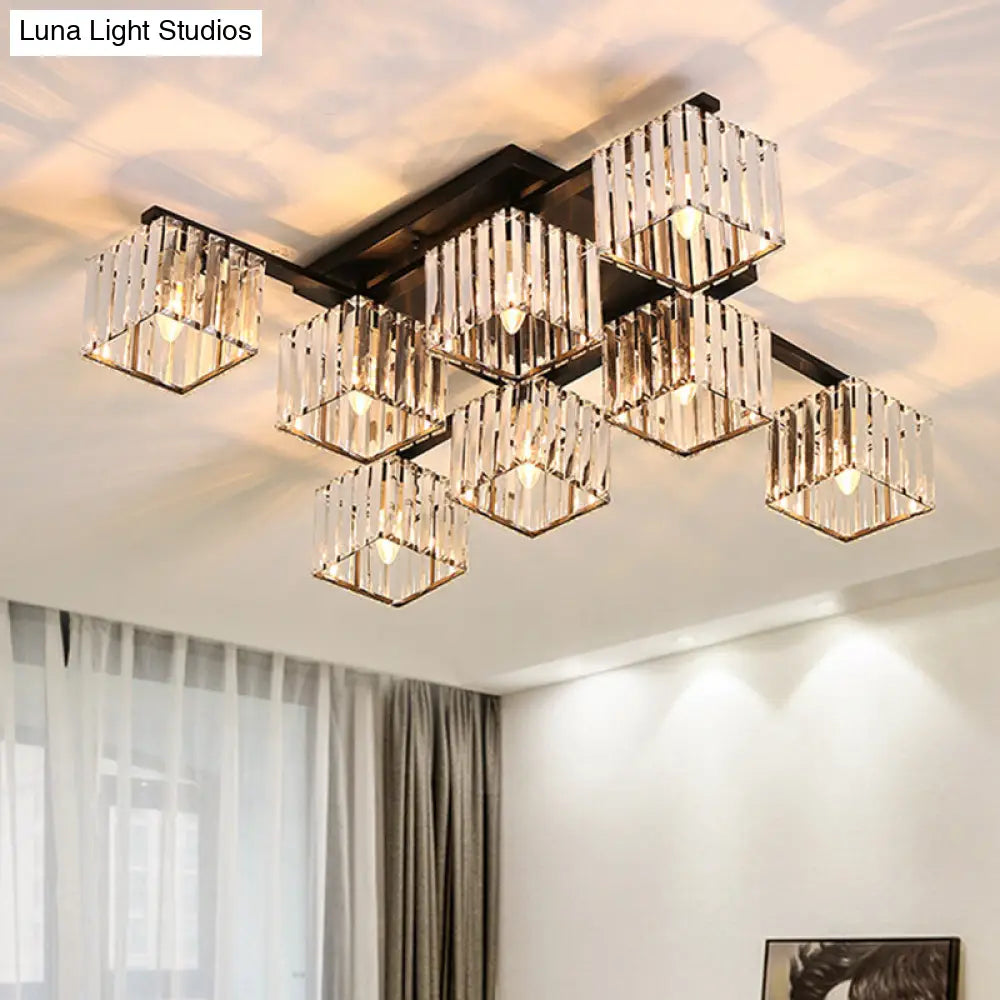 Clear Crystal Cube Living Room Flush Mount Ceiling Light With 8 Bulbs - Simplicity And Style Black