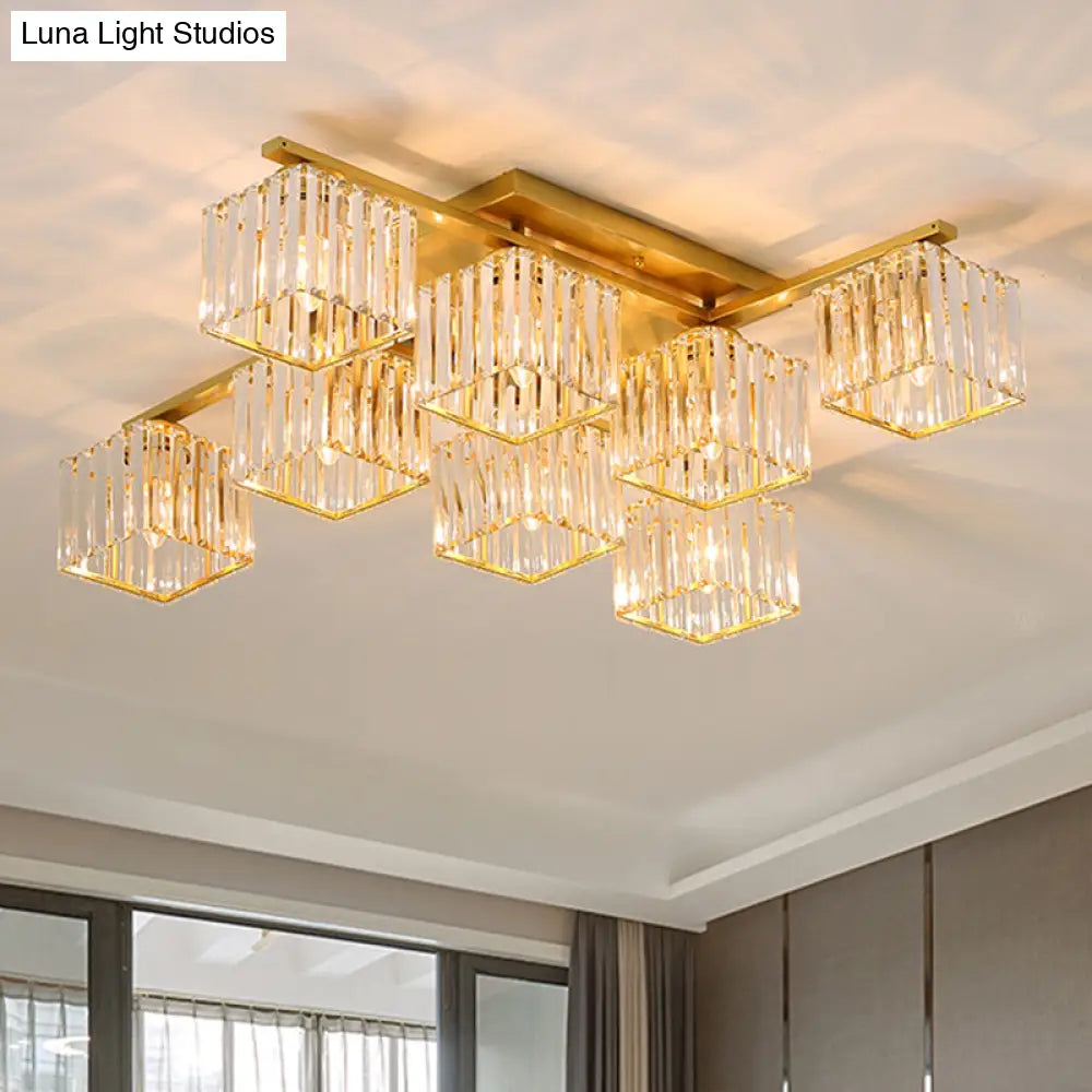 Clear Crystal Cube Living Room Flush Mount Ceiling Light With 8 Bulbs - Simplicity And Style