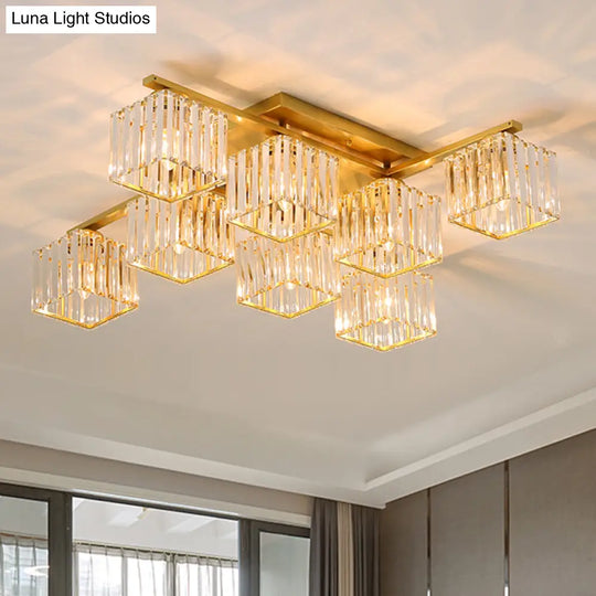 Clear Crystal Cube Living Room Flush Mount Ceiling Light With 8 Bulbs - Simplicity And Style