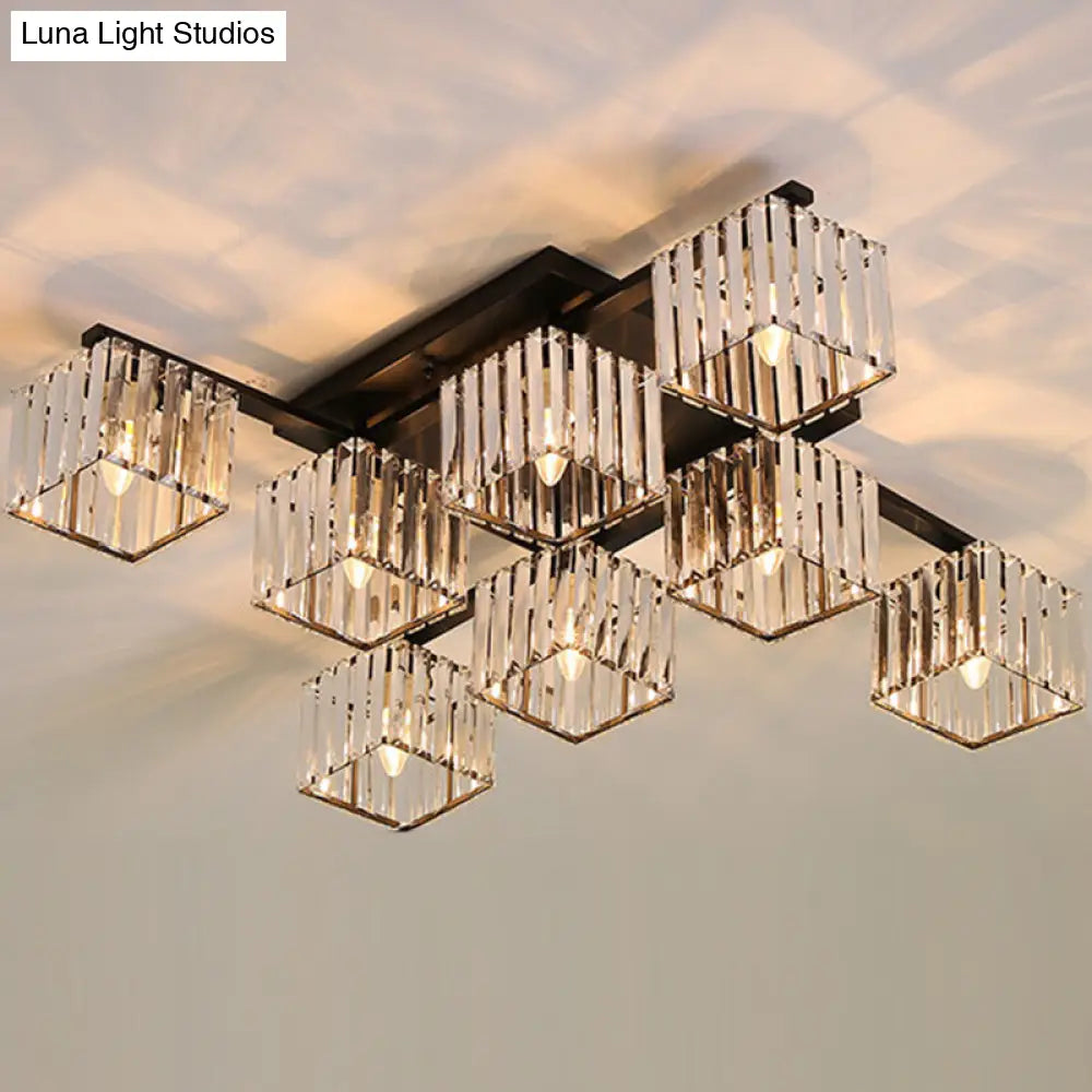 Clear Crystal Cube Living Room Flush Mount Ceiling Light With 8 Bulbs - Simplicity And Style