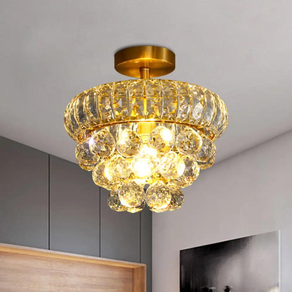 Clear Crystal Droplet Semi Mount Ceiling Light Fixture - Modern Brass Design