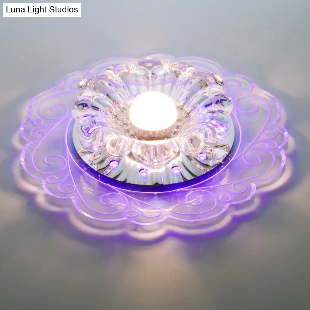 Clear Crystal Floral Led Flush Mount Ceiling Light For Entryway / Purple