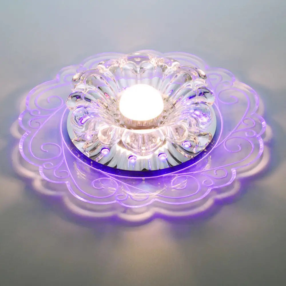 Clear Crystal Floral Led Flush Mount Ceiling Light For Entryway / Purple