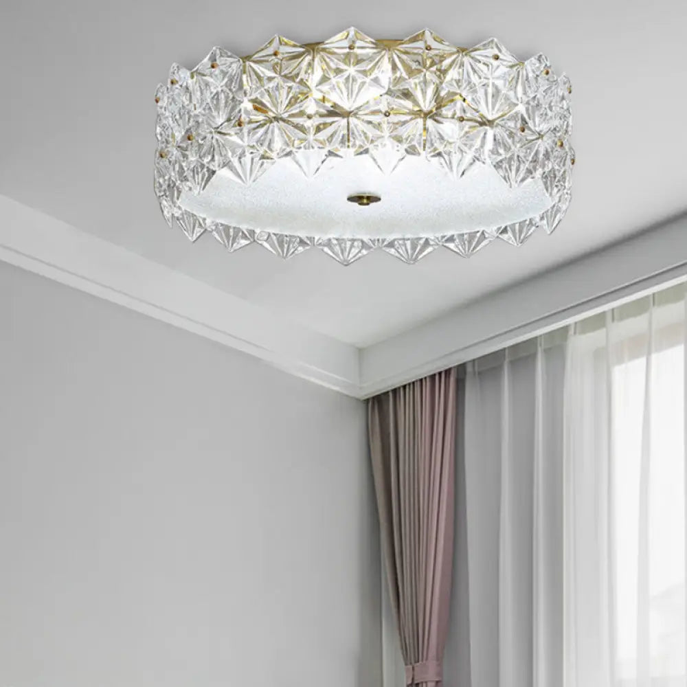 Clear Crystal Flush Ceiling Light - Contemporary Round Bedroom Lighting / 16’
