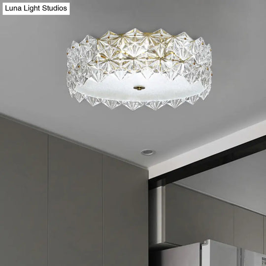 Clear Crystal Flush Ceiling Light - Contemporary Round Bedroom Lighting