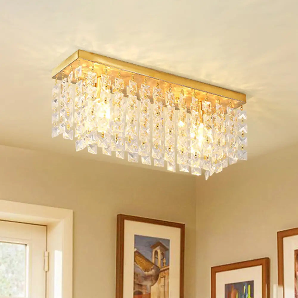 Clear Crystal Flush Ceiling Light With 2 Heads In Contemporary Brass Design For Living Room