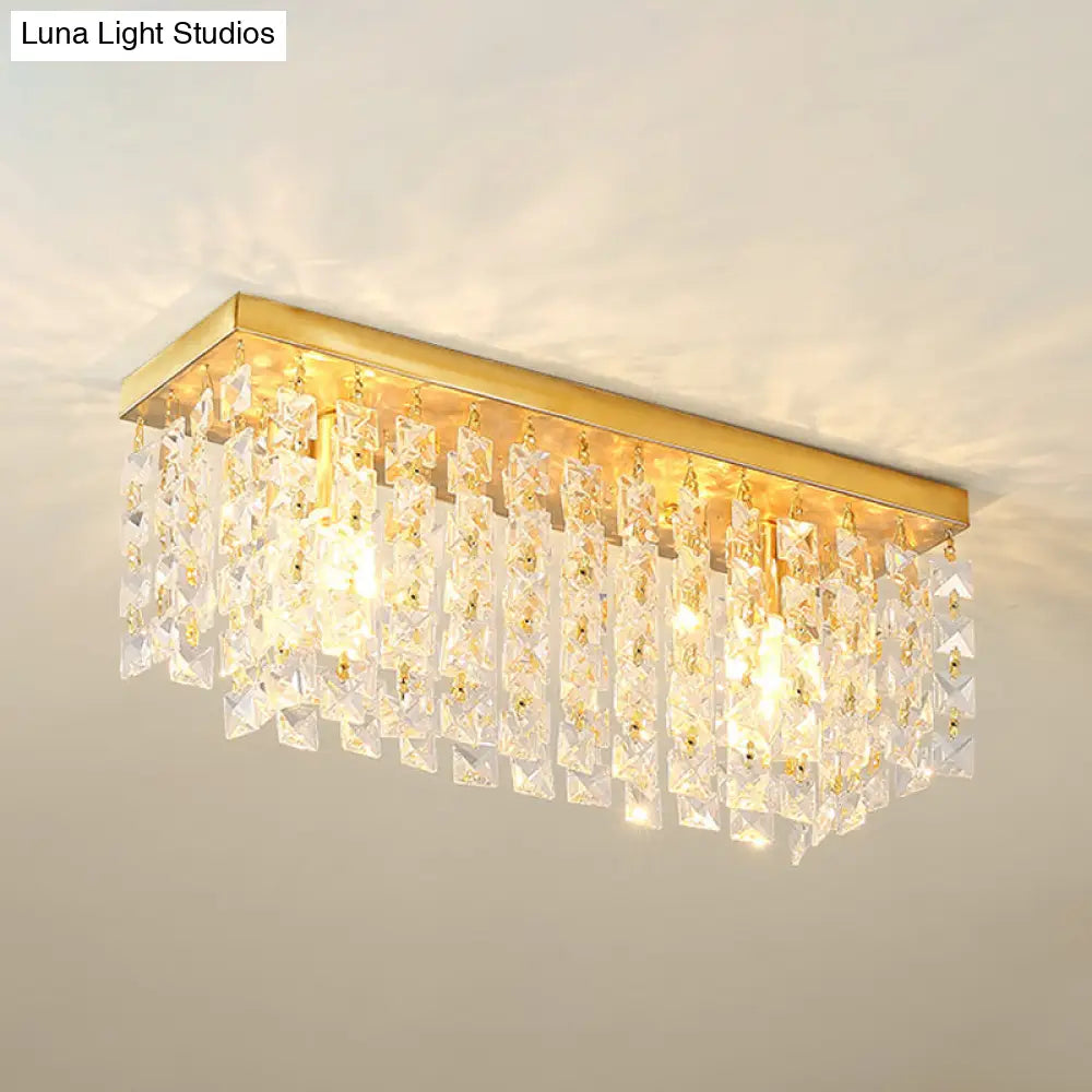 Clear Crystal Flush Ceiling Light With 2 Heads In Contemporary Brass Design For Living Room