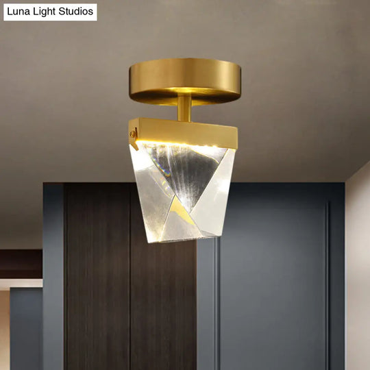 Clear Crystal Led Brass Cube Semi-Flush Mount Light Fixture For Contemporary Corridors