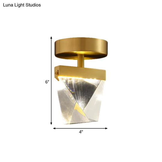 Clear Crystal Led Brass Cube Semi - Flush Mount Light Fixture For Contemporary Corridors
