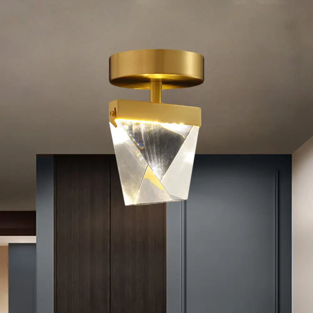 Clear Crystal Led Brass Cube Semi - Flush Mount Light Fixture For Contemporary Corridors