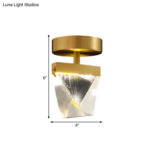 Clear Crystal Led Brass Cube Semi-Flush Mount Light Fixture For Contemporary Corridors