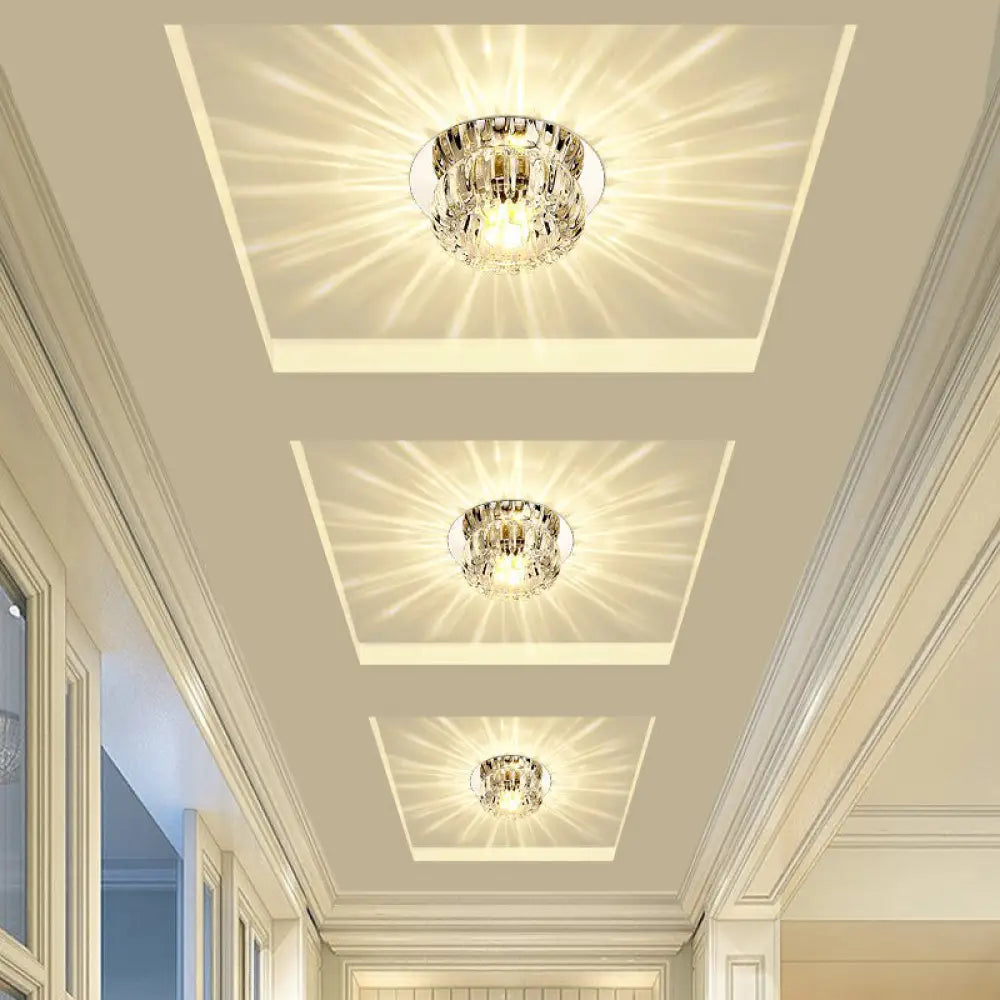 Clear Crystal Led Flush Mount Ceiling Light For Hallways - Simplicity Round Design / 3W Warm