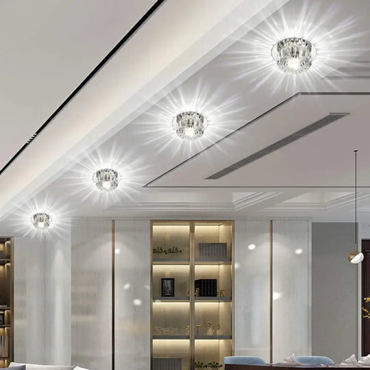 Clear Crystal Led Flush Mount Ceiling Light For Hallways - Simplicity Round Design / 3W White